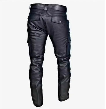 Herren-Motorradhose aus Leder mit Cargotaschen, ohne Gürtel