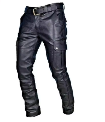 Herren-Motorradhose aus Leder mit Cargotaschen, ohne Gürtel