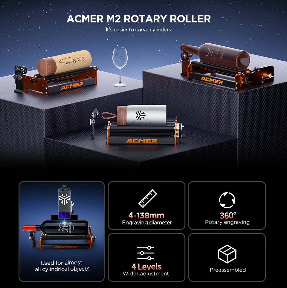 ACMER M2 Laser Rotary Roller Laser Engraver Y-axis Rotary Roller For Laser Cutting Machines Engraving Cylindrical Objects Cans