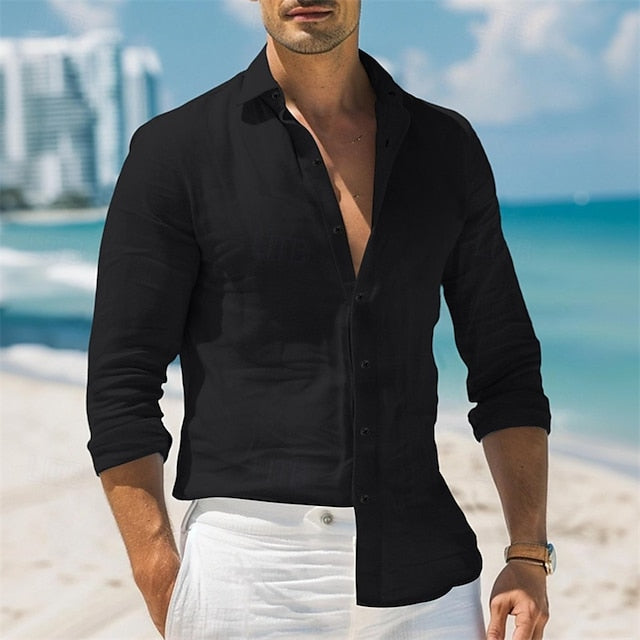 Men's Shirt Linen Shirt Summer Shirt Beach Wear Button Up Shirt Plain Vacation Casual Black White Pink Blue Long Sleeve Collar Spring & Summer Clothing Apparel