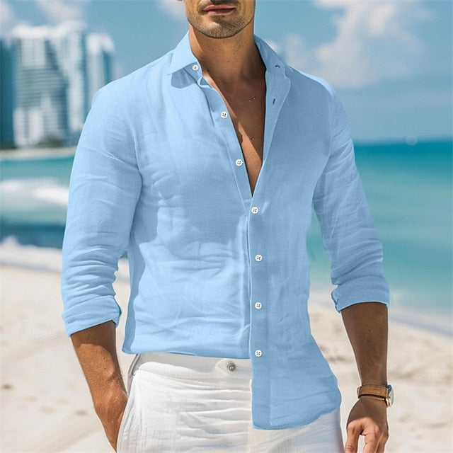 Men's Shirt Linen Shirt Summer Shirt Beach Wear Button Up Shirt Plain Vacation Casual Black White Pink Blue Long Sleeve Collar Spring & Summer Clothing Apparel