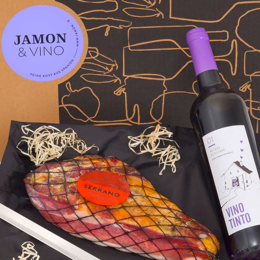 JAMON & VINO - Delikatessen-Präsent mit Rotwein & Serrano-Schinken