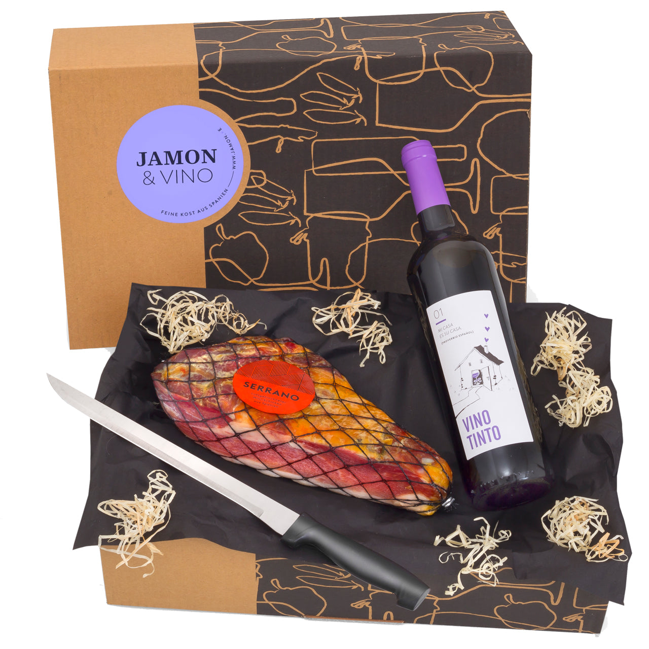 JAMON & VINO - Delikatessen-Präsent mit Rotwein & Serrano-Schinken