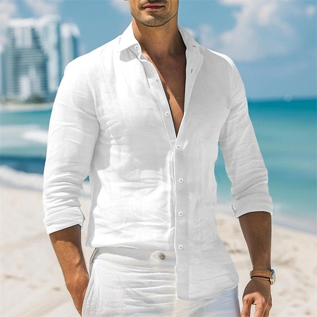 Men's Shirt Linen Shirt Summer Shirt Beach Wear Button Up Shirt Plain Vacation Casual Black White Pink Blue Long Sleeve Collar Spring & Summer Clothing Apparel