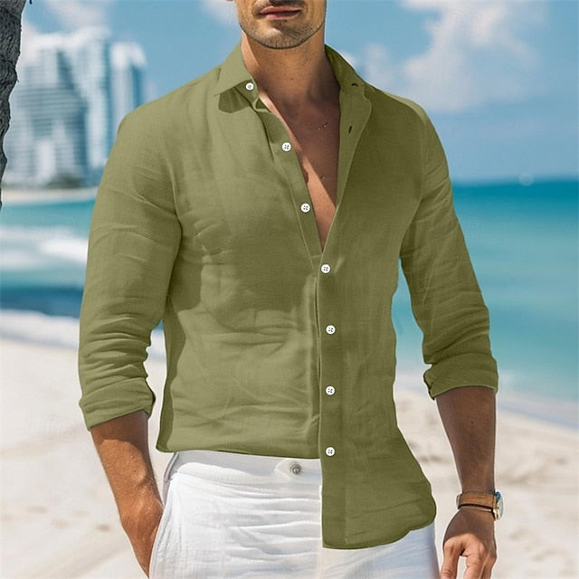 Men's Shirt Linen Shirt Summer Shirt Beach Wear Button Up Shirt Plain Vacation Casual Black White Pink Blue Long Sleeve Collar Spring & Summer Clothing Apparel