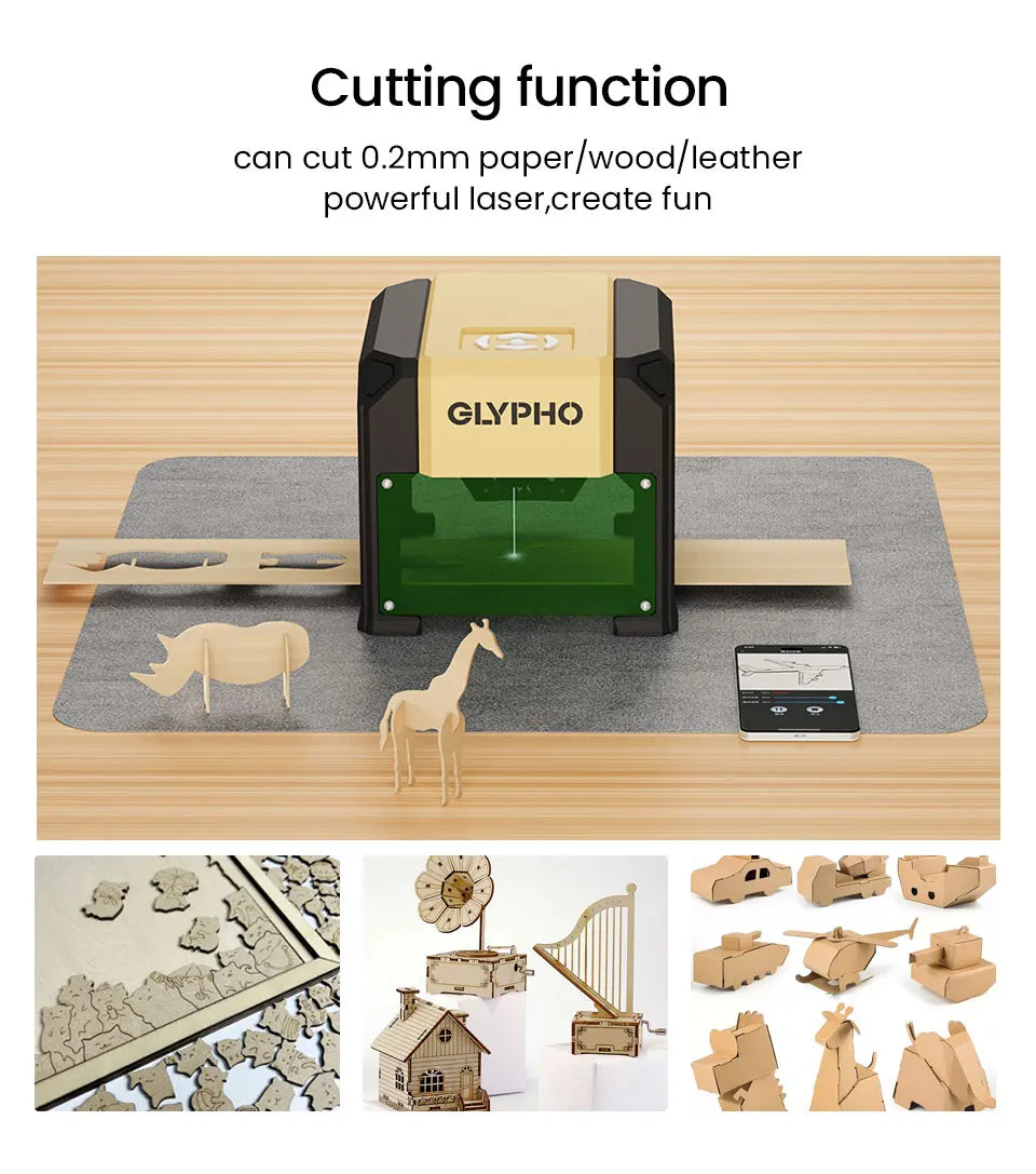 GLYPHO Laser Engraver Machine Blue CNC Highly Accurate Portable 80mm*80MM Engraving Cutting For Dog Tag Paper Leather Wood DIY