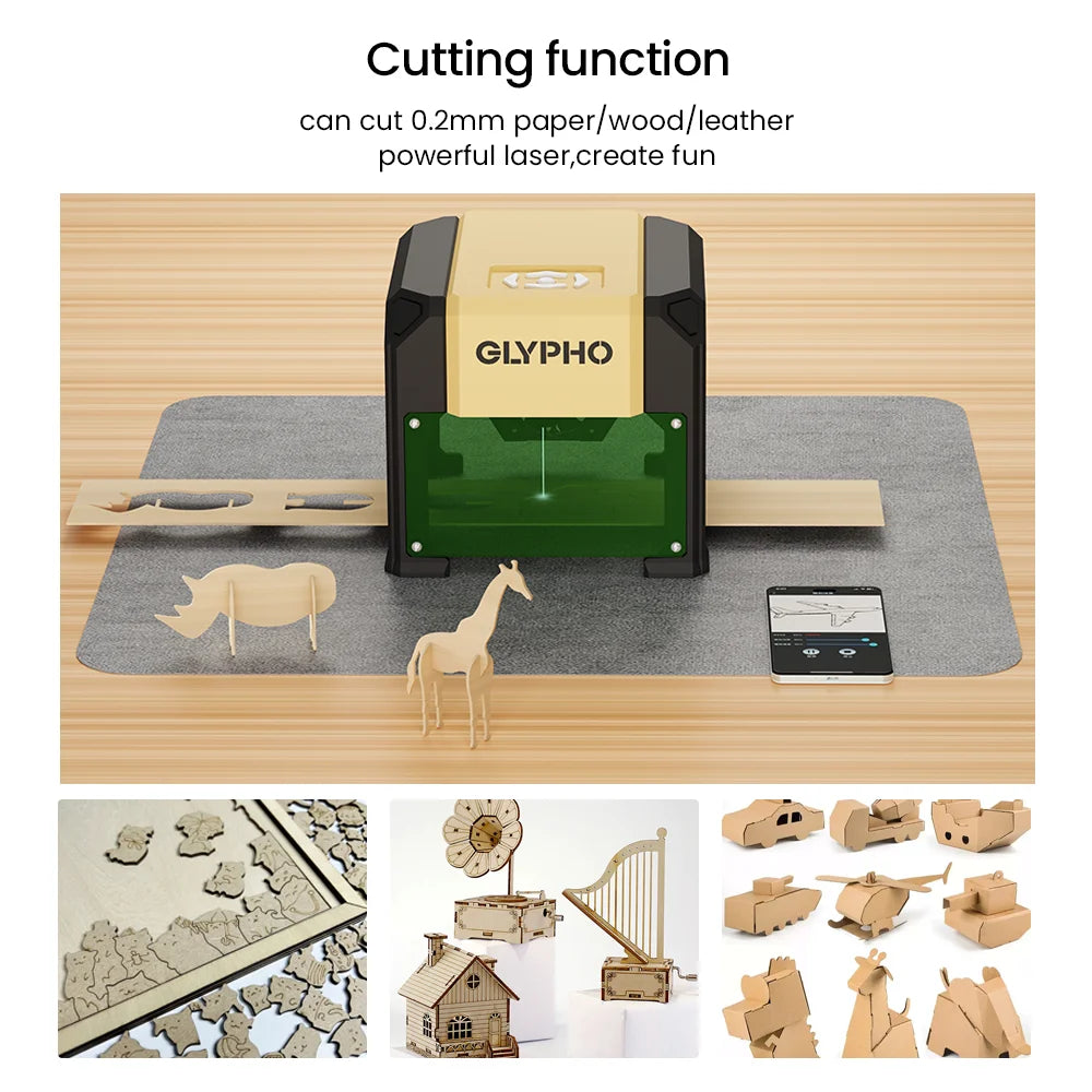 GLYPHO Laser Engraver Machine Blue CNC Highly Accurate Portable 80mm*80MM Engraving Cutting For Dog Tag Paper Leather Wood DIY