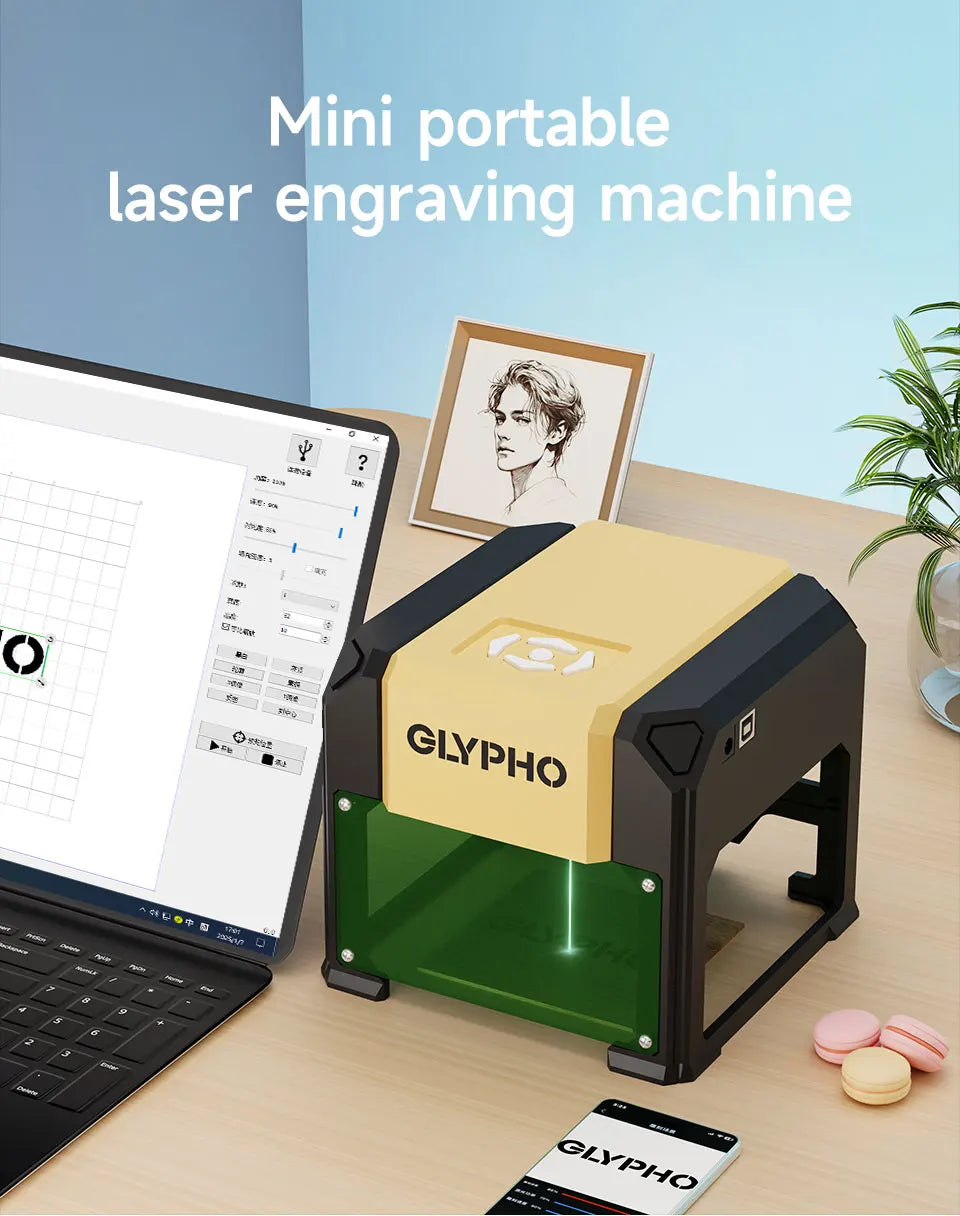 GLYPHO Laser Engraver Machine Blue CNC Highly Accurate Portable 80mm*80MM Engraving Cutting For Dog Tag Paper Leather Wood DIY