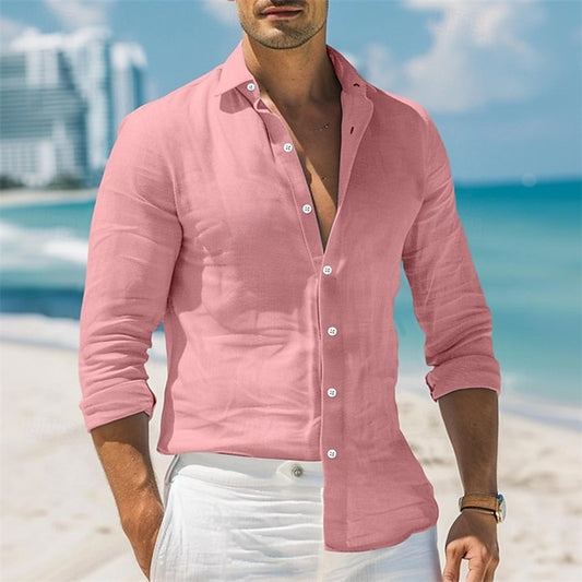 Men's Shirt Linen Shirt Summer Shirt Beach Wear Button Up Shirt Plain Vacation Casual Black White Pink Blue Long Sleeve Collar Spring & Summer Clothing Apparel