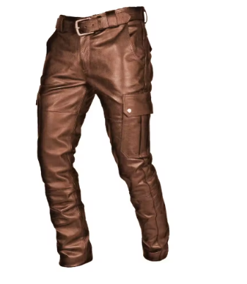 Herren-Motorradhose aus Leder mit Cargotaschen, ohne Gürtel